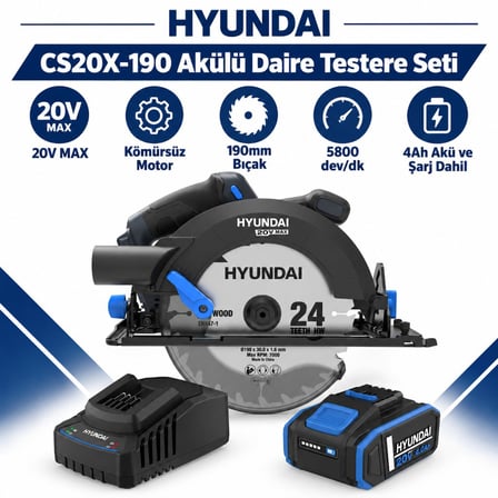 Hyundai CS20X-190 20V Kömürsüz Akülü Daire Testere Seti 190mm 4Ah Akü ve Şarj Dahil