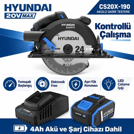 Hyundai CS20X-190 20V Kömürsüz Akülü Daire Testere Seti 190mm 4Ah Akü ve Şarj Dahil