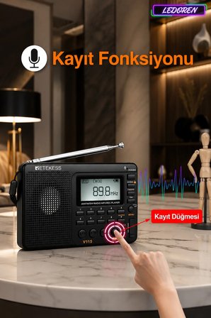 V115 Şarjlı Taşınabilir Radyo | FM-AM-SW Kısa Dalga | USB MP3 Çalar | Ses Kayıt | Dijital Ekranlı