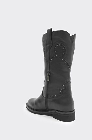 Hakiki Deri Bilekte Fermuarlı Kadın Diz Altı Çizme