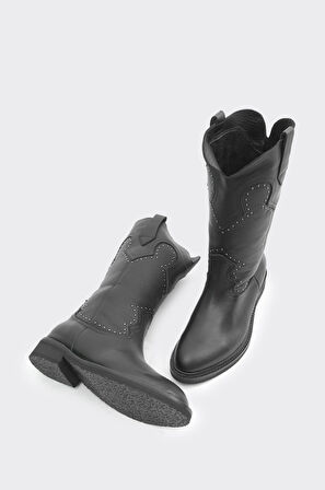 Hakiki Deri Bilekte Fermuarlı Kadın Diz Altı Çizme