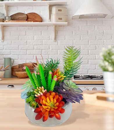 Yapay Çiçek Kaktüs Sukulent Aranjmanı Mokka Renk Plastik Saksıda 10 adet Karışık Model Skulent
