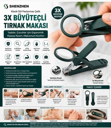 SHENZHEN Klasik Stil Paslanmaz Çelik Tırnak Makası, 3x Büyüteç, Yaşlılar ve Çocuklar için İdeal