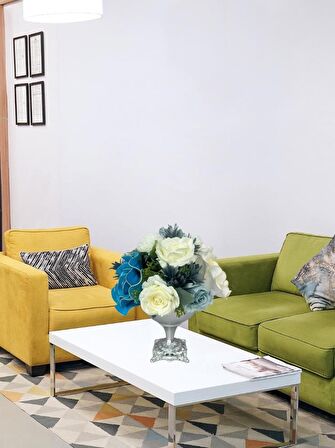 Yapay Çiçek Aranjmanı Büyük Boy Mavi Beyaz Tonlar Gümüş Metal Vazolu Arajman Nişan Kız İsteme Çiçeği