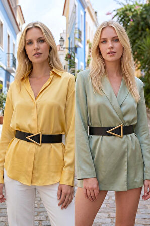 Üçgen Gold Tokalı Siyah Kadın Kemer