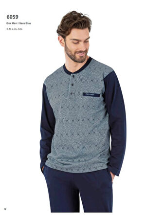 6059 Erkek Gök Mavi Jakarlı Uzun Kollu Patlı Pijama Takım