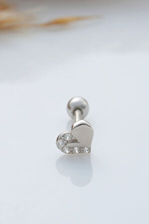 925 Ayar Kalp Motifli Taşlı Minimal Tragus Piercing