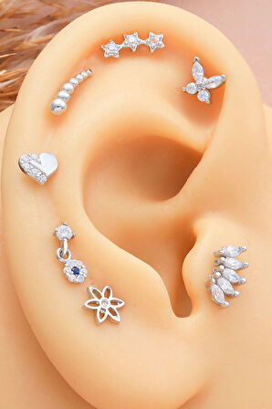 925 Ayar Kalp Motifli Taşlı Minimal Tragus Piercing