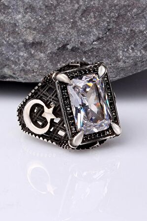 925 Ayar Gümüş Zirkon Taşlı Ayyıldız Motifli Erkek Yüzük Silver