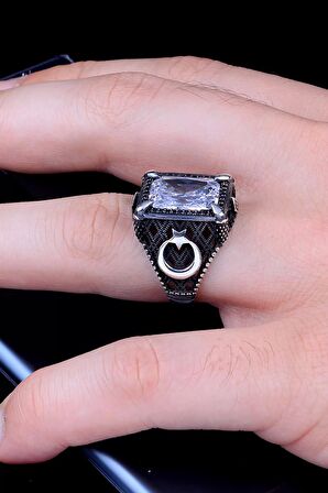 925 Ayar Gümüş Zirkon Taşlı Ayyıldız Motifli Erkek Yüzük Silver