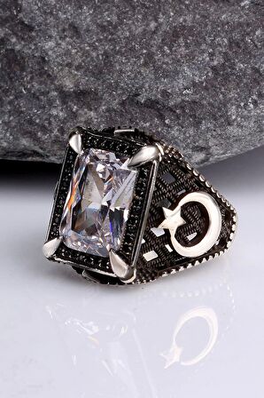 925 Ayar Gümüş Zirkon Taşlı Ayyıldız Motifli Erkek Yüzük Silver