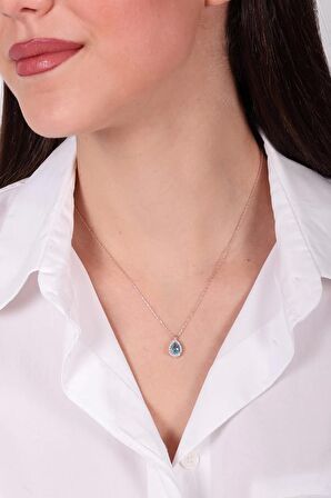 925 Ayar Firuze Rengi Zirkon Taşlı Damla Model Kolye