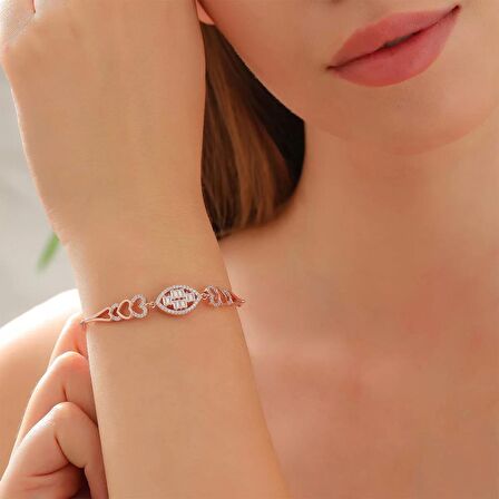 925 Ayar Zirkon Taşlı Kalp Motifli Baget Gümüş Bileklik Rose