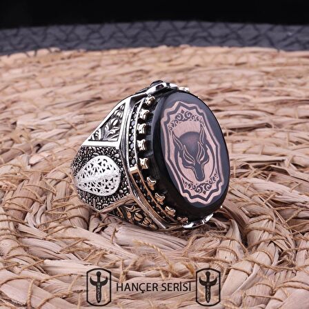 925 Ayar Gümüş Sıkma Kehribar Taşlı Göktürkler'in Devlet Arması Desenli Erkek Yüzük