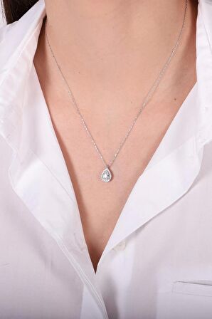 925 Ayar Zirkon Taşlı Damla Model Kolye