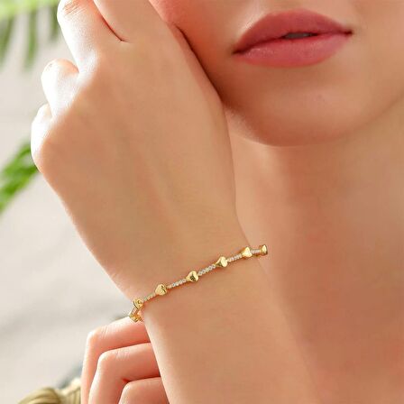 925 Ayar Gümüş Kalpli Suyolu Bileklik Altın Kaplama