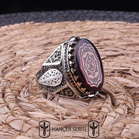 925 Ayar Gümüş Sıkma Kehribar Taşlı Oğuz Kağan Mührü Desenli Erkek Yüzük