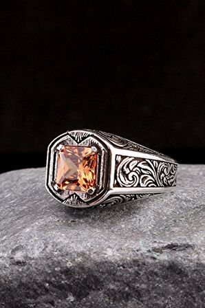 925 Ayar Gümüş Kalem İşlemeli Motif Zirkon Taşlı Erkek Yüzük Silver