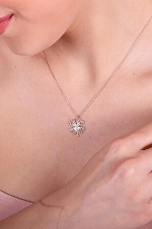 925 Ayar Zirkon Taşı Süslemeli Dört Yapraklı Yonca Kolye - Rose