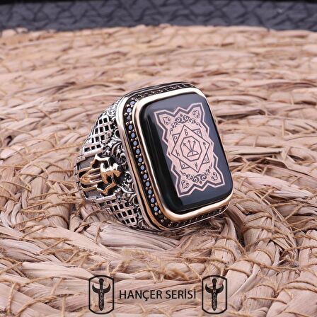 925 Ayar Gümüş Sıkma Kehribar Taşlı  Oğuz Kağan Mührü Desenli Erkek Yüzük