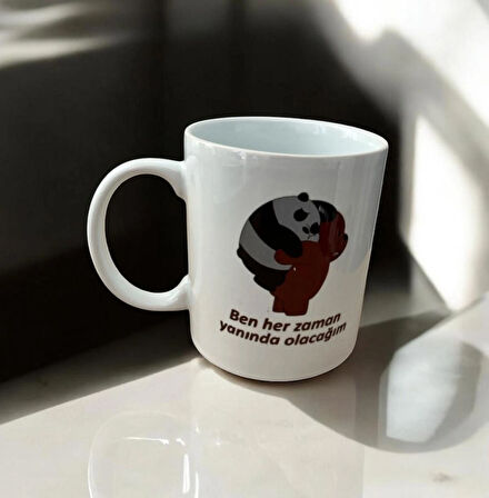 Panda Figürlü Kupa – "Ben Hep Senin Yanında Olacağım" Yazılı, 9 cm Porselen, Anlamlı Hediye