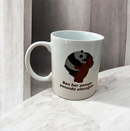 Panda Figürlü Kupa – "Ben Hep Senin Yanında Olacağım" Yazılı, 9 cm Porselen, Anlamlı Hediye