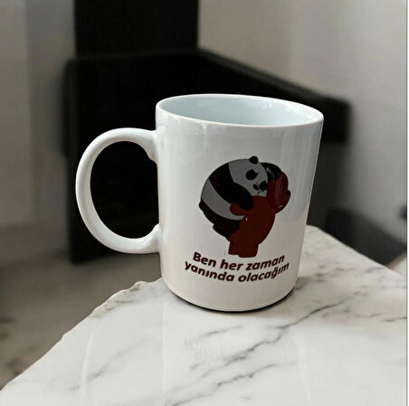 Panda Figürlü Kupa – "Ben Hep Senin Yanında Olacağım" Yazılı, 9 cm Porselen, Anlamlı Hediye