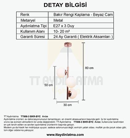 TT008-3 BKR TT Aydınlatma Bakır Rengi Kaplama Beyaz Camlı Lüks Avize
