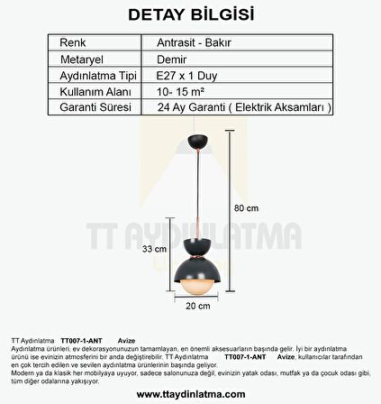 TT007-1-ANT TT Aydınlatma Mat Antrasit Tekli Lüks Avize