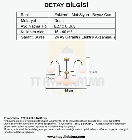 TT010-6 ESK TT Aydınlatma Eskitme Rengi Kaplama 6 lı Beyaz Camlı Lüks Avize