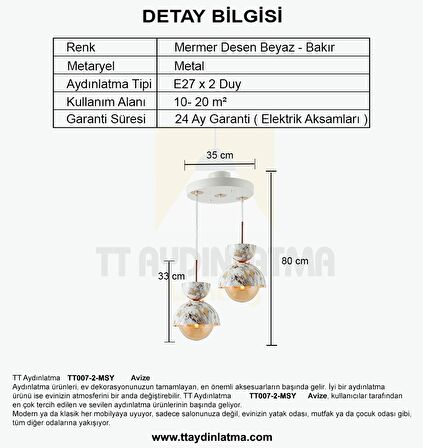 TT007-2 MBY TT Aydınlatma Mermer Desen 2 li Beyaz Lüks Avize