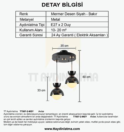 TT007-2 MSY TT Aydınlatma Mermer Desen 2 li Siyah Lüks Avize