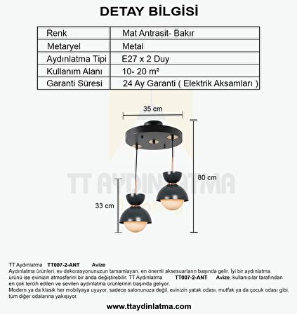 TT007-2 ANT TT Aydınlatma Mat Antrasit 2 li Lüks Avize