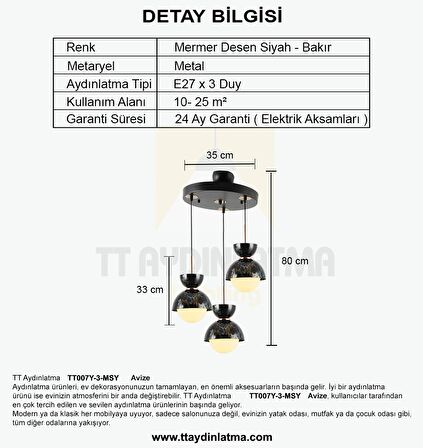 TT007-3Y MSY TT Aydınlatma Mermer Desen 3 lü Yuvarlak Siyah Lüks Avize