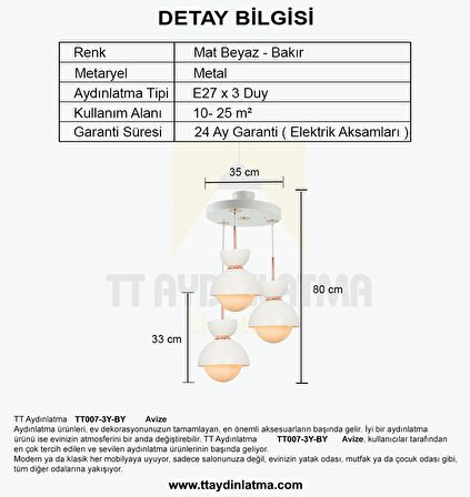 TT007-3Y BY TT Aydınlatma Mat Beyaz 3 lü Yuvarlak Lüks Avize