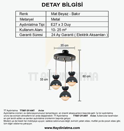 TT007-3Y SY TT Aydınlatma Mat Siyah 3 lü Yuvarlak Lüks Avize