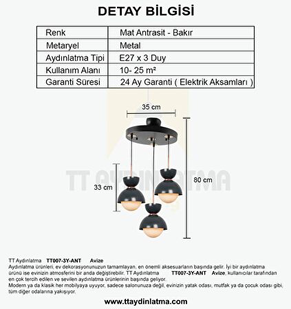 TT007-3Y ANT TT Aydınlatma Mat Antrasit 3 lü Yuvalak Lüks Avize