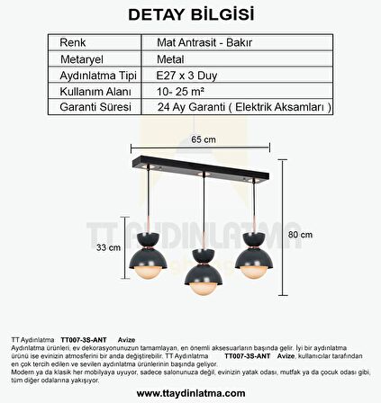 TT007-3S ANT TT Aydınlatma Mat Antasit 3 lü Sıralı Lüks Avize