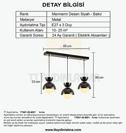 TT007-3S MSY TT Aydınlatma Mermer Desen 3 lü Sıralı Siyah Lüks Avize