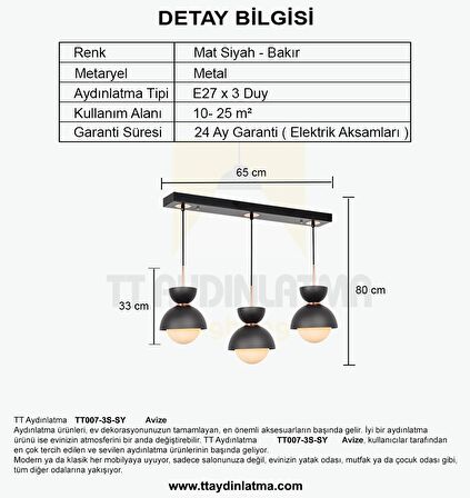 TT007-3S SY TT Aydınlatma Mat Siyah 3 lü Sıralı Lüks Avize