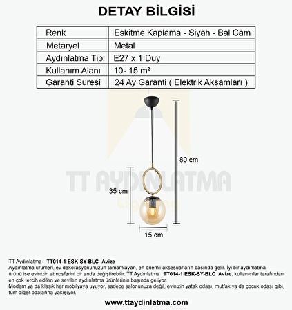 TT014-1 ESK TT Aydınlatma Eskitme Kaplama - Siyah Bal Camlı Tekli Avize