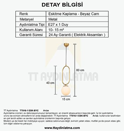TT016-1 ESK TT Aydınlatma Eskitme Kaplama Beyaz Camlı Tekli Avize