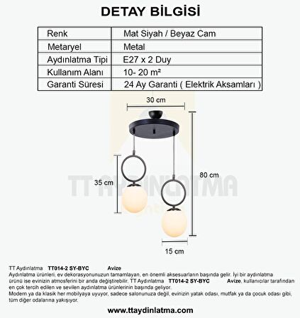 TT014-2 SY TT Aydınlatma Mat Siyah Beyaz Camlı 2 li Avize