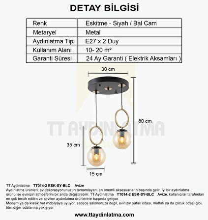 TT014-2 ESK TT Aydınlatma Eskitme Kaplama - Siyah Bal Camlı 2 li Avize