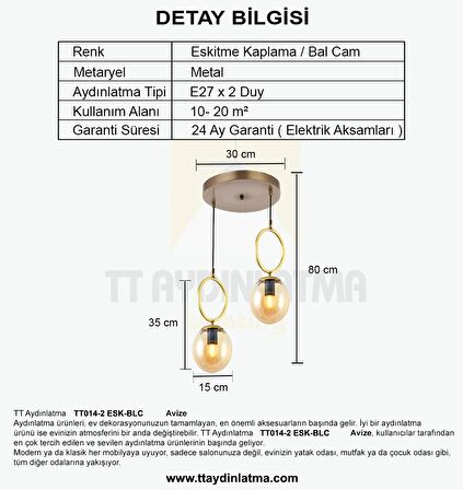 TT014-2 ESK TT Aydınlatma Eskitme Kaplama Bal Camlı 2 li Avize
