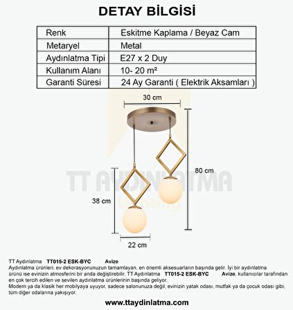 TT015-2 ESK TT Aydınlatma Eskitme Kaplama Beyaz Camlı 2 li Avize