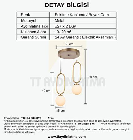 TT016-2 ESK TT Aydınlatma Eskitme Kaplama Beyaz Camlı 2 li Avize