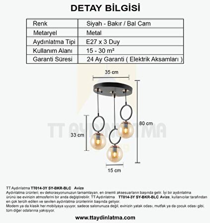 Tt014-3y Sy Mat Siyah - Bakır Bal Camlı 3 Lü Yuvarlak Avize