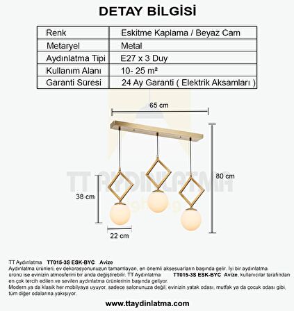 TT015-3S ESK TT Aydınlatma Eskitme Kaplama Beyaz Camlı 3 lü Sıralı Avize