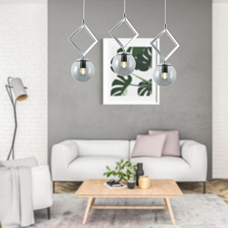 TT015-3S KR TT Aydınlatma Krom Kaplama Füme Camlı 3 lü Sıralı Avize